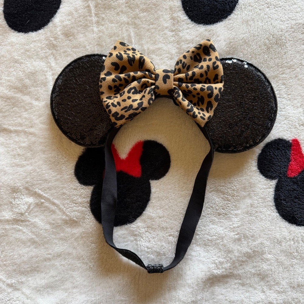 Black Sequin Mouse Ears Headband Leopard Print Bow Disney Inspired